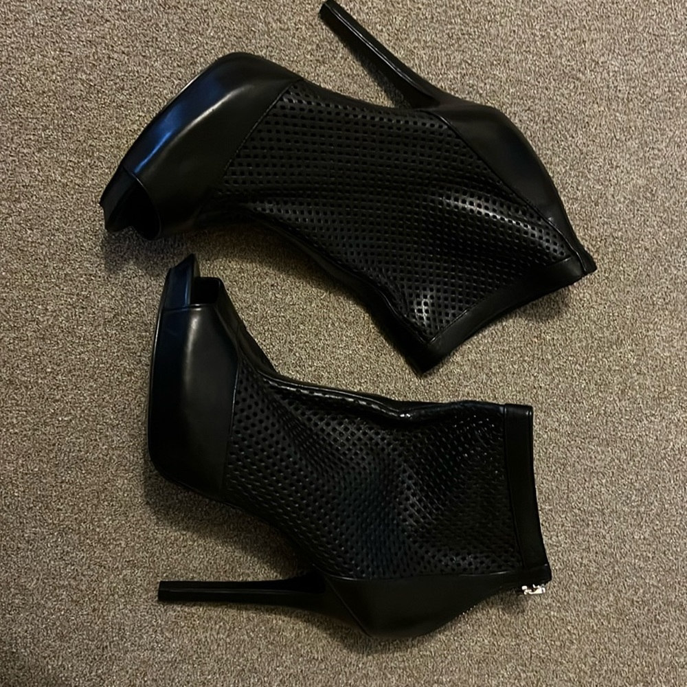 Black leather open toe booties